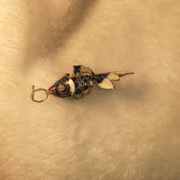 Vtg articulated cloisonne navy & white enamel fish pendant/charm 1.5" - Picture 8 of 8